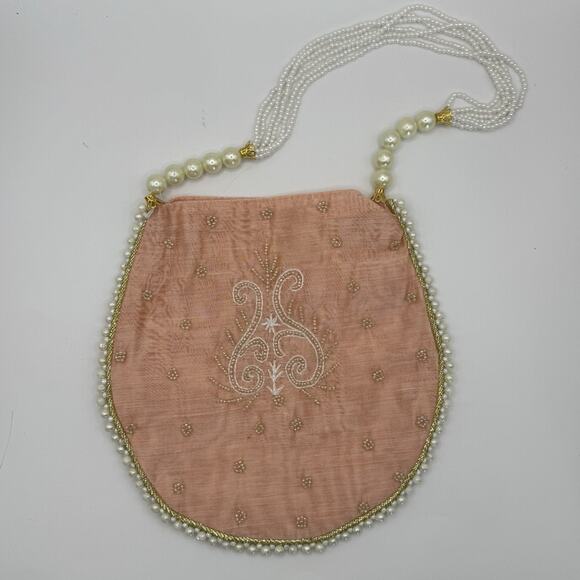 Embellished Peach Tone Indian Potli Bag, Intricate Beading, Faux Pearls - Picture 1 of 8